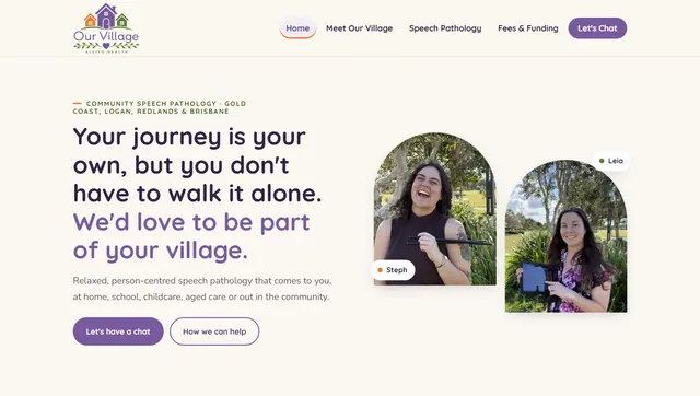 Our Village Allied Health home page: welcoming headline and photos of the speech pathologists
